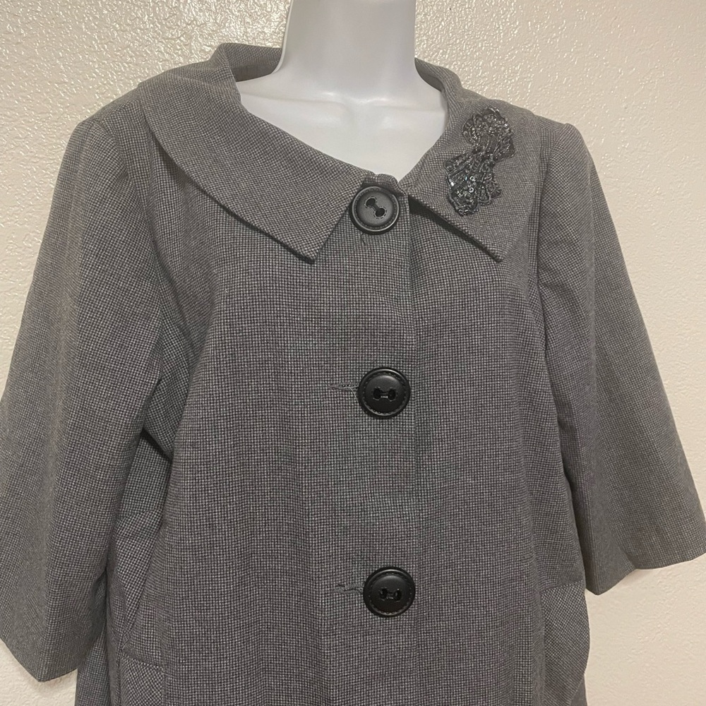 Women’s Swing Jacket 3/4 SLEEVE button smock coat gray black round collar - Picture 11 of 12